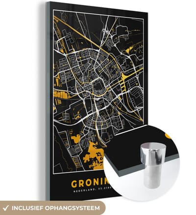 MuchoWow® Glasschilderij 40x60 cm - Schilderij acrylglas - Plattegrond - Groningen - Goud - Zwart - Foto op glas - Schilderijen - Stadskaart