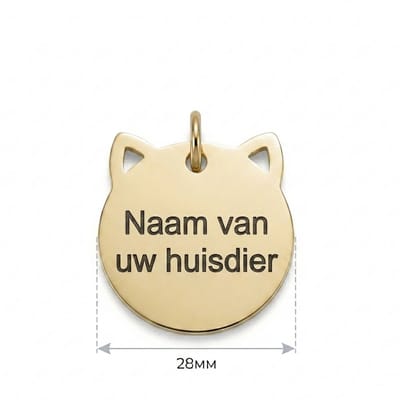 Gepersonaliseerde RVS Kattenpenning / Naamplaatje voor Huisdier – Kattenpenning voor Kat met Naam, Telefoonnummer en Adres – Kattenkop Penning 28 mm met Dubbelzijdige Gravure – Roestvrij Staal – Goudkleurig