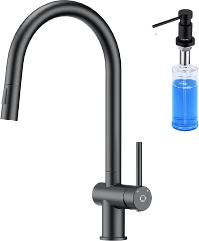 CECIPA max Keukenkraan met Uittrekbare Uitloop - Met Zeepdispenser 300ML - 360° draaibare mengkraan - zwart - 2 straalsoorten