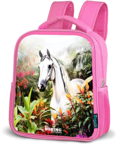 NoBoringSuitcases.com® - Rugzak roze - Schooltas meisjes - Paard - Wit - Bladeren - Tropisch - Kinder rugtas meisje - Boekentas kind - Kinderrugzak voor school - Schoolrugzak