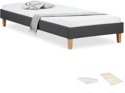 Homestyle4u Eenpersoonsbed - 90x200 cm - Gestoffeerd bed - met matras - Grijs