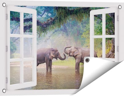 Gards Tuinposter Doorkijk Twee Olifanten in het Water - 60x40 cm - Tuindoek - Tuindecoratie - Wanddecoratie buiten - Tuinschilderij