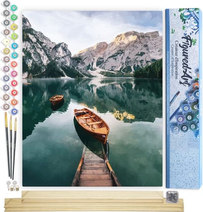 Figured'Art Schilderen op Nummer Volwassenen canvas Kleine boot en bergmeer - Handwerk acrylverf Kit DIY Compleet - 40x50cm met DIY houten lijst