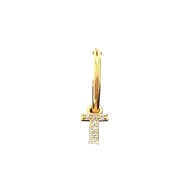 New Bling 9NB 906T Zilveren Oorring met letterhanger - Zirkonia - T - Half Paar - Goudkleurig