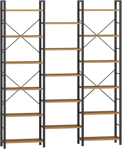 Grote boekenplanken en opbergrekken,Vrijstaande plank, 17 planken, 6 lagen, verstelbare afstand, 24 x 152 x 186 cm, draagvermogen 340 kg, geschikt voor woonkamer, kantoor, vintage bruin-zwart
