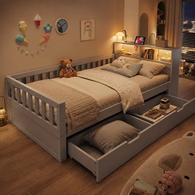 Eenpersoonsbed 90x200 cm - Opbergbed - Houten bed - Multifunctioneel bed - Met led-lichtstrip en Multifunctionele oplaadpoort - Met lades - Grijs