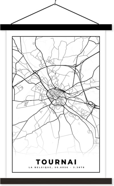 Posterhanger incl. Poster 40x60 cm - Schoolplaat - Zwart Wit – België – Plattegrond – Stadskaart – Kaart – Tournai - Textielposter - Zwarte latten - Stadskaart