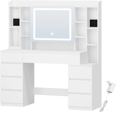 Dressing Table – Voor Slaapkamer en Make-up – Kaptafel 120 cm met Grote Spiegel, 8 Lades, 11 Open Vakken en Geïntegreerd Sieradenvak – Wit / Modern