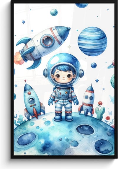 Poster in lijst - Fotolijst 80x120 cm - Posters - Ruimte - Blauw - Astronaut - Raket - Planeten - Posterlijst zwart - Kamer decoratie - Wanddecoratie kinderkamer - Muurdecoratie babykamer
