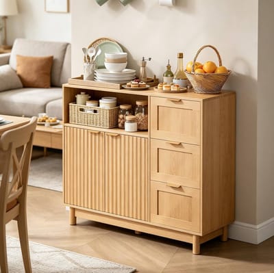HAUSS SPOLE Keukenkast - Veelzijdige Opbergkast Met Open Vak En 3 Laden - Voor Keuken En Woonkamer - Houtlook - 90x35x80 cm