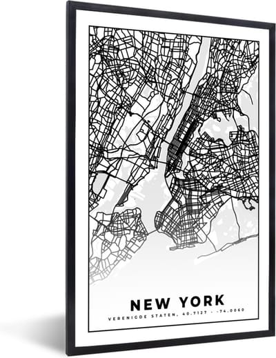 Fotolijst incl. Poster Zwart Wit- New York - Stadskaart - Zwart Wit - Plattegrond - Kaart - 40x60 cm - Posterlijst