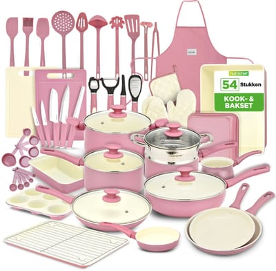 NutriChef 54-Delige Marmeren Kook- en Bakset – Inductiegeschikt, Antiaanbak, Kookpannen, Potten, Keukentools, Muffinvorm & Bakplaat – PFOA/PFOS-vrij