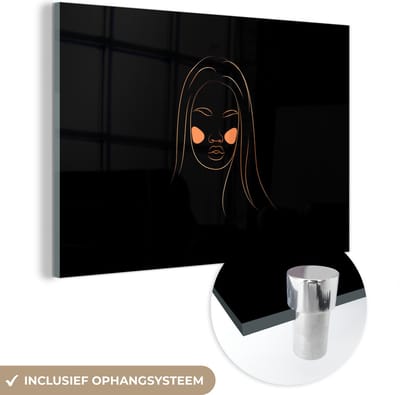 MuchoWow® Glasschilderij 60x40 cm - Schilderij acrylglas - Vrouw - Goud - Roze - Line art - Foto op glas - Schilderijen
