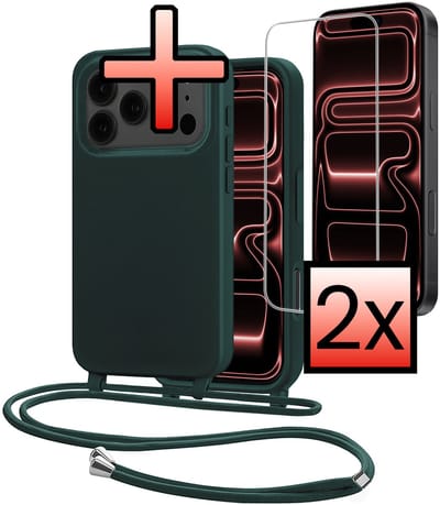 Hoes Geschikt voor iPhone 17 Pro Met Telefoonkoord Met 2x Screenprotector - Siliconen Hoesje Backcover Met Ketting - Donkergroen