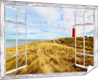 Gards Tuinposter Doorkijk Vuurtoren met Duinen in Texel - 180x120 cm - Tuindoek - Tuindecoratie - Wanddecoratie buiten - Tuinschilderij