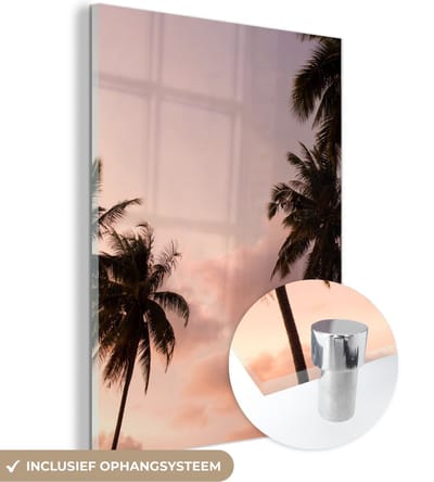 MuchoWow® Glasschilderij 120x160 cm - Schilderij acrylglas - Palmboom - Pastel - Zomer - Foto op glas - Schilderijen