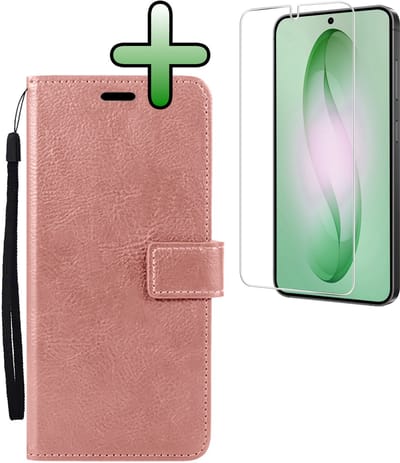 Hoesje Met Screenprotector - Geschikt voor Samsung Galaxy S26 - Luxe Pasjeshouder - Bookcase Portemonee - Flip Case - Kunstleer Book Case - Flipcase - Book Cover - Walletcase - Portemonneehoes - Rosé goud