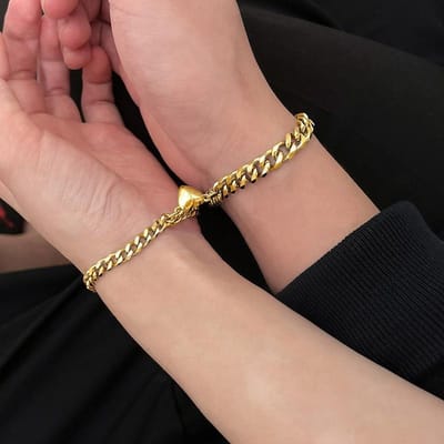 2 Stuks/set Magneet Koppel Armbanden Hart Aantrekkingskracht Armband Roestvrij Stalen Bedel Eenvoudige Cubaanse Kettingen Sleutel Slot Zirkoon Cadeaus goud