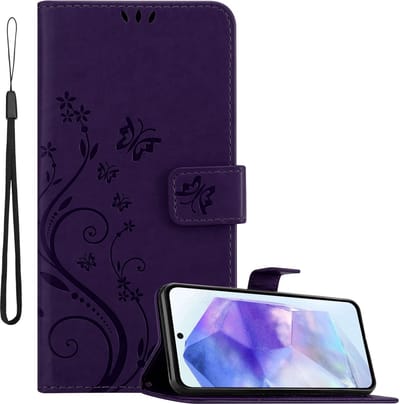 Cadorabo Hoesje geschikt voor Samsung Galaxy A55 in BLOEMEN DONKER PAARS - Beschermhoes in bloemmotief met magnetische sluiting, standfunctie en kaartsleuven Book Case Cover Etui