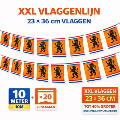 Benza XXL Oranje Vlaggenlijn met Leeuw – 10 Meter – 20 Vaandels – Extra Grote Vlaggen 23 × 36 cm – EK/WK – Koningsdag – Holland Feest