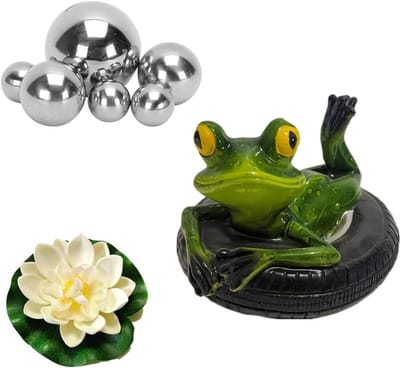 Decoratieset voor Kleine Tuinvijver met Kikker op Banden, 6 Zwemballen en 2 Drijvende Lotusbloemen voor Mini Vijver