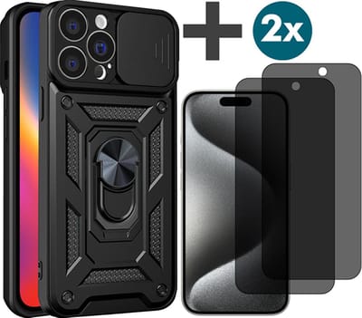 Hoesje met Privacy screenprotectors 2 stuks Geschikt voor iPhone 15 Pro Max met Ringhouder en Camera schuifje - Arara backcover - Zwart