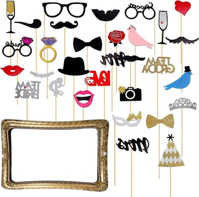 31 Stuks Fotohokje Accessoires voor Trouwen + 1 Opblaasbaar Fotokader voor Selfies, Ideaal voor Bruiloften en Feestjes, Decoratie voor Fotohokje en Party's