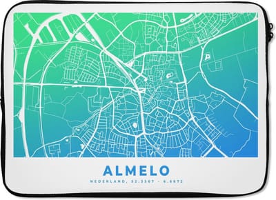 Laptophoes 14 inch - Stadskaart - Almelo - Blauw - Laptop sleeve - Binnenmaat 33x23 cm - Zwarte achterkant
