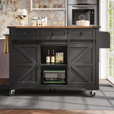 Keukeneiland met uittrekbaar werkblad en schuifdeuren: mobiele keukentrolley op wieltjes, zwart, 140 x 45 cm, dressoir met 3 laden, opbergruimte en eetwagen met houtnerf voor extra functionaliteit en stijl