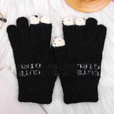 Leuke winter warme handschoenen dames meisjes winter pluizige gebreide handschoenen wol touchscreen wanten met volledige vingers zwart