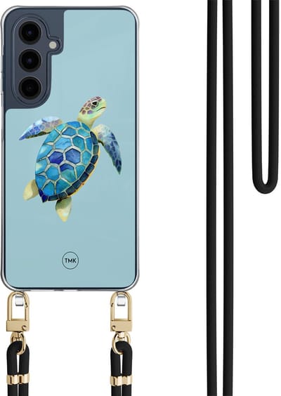Telefoonhoesje met koord geschikt voor Samsung A16 - Schildpad - Inclusief Zwart koord - Transparant, Blauw - Print - Crossbody beschermhoes - Met Telefoonketting