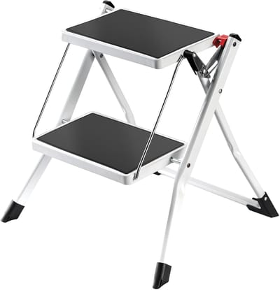 Famanu - Stalen opvouwbare ladder met 2 treden, antislip en compact ontwerp, 150 kg draagvermogen