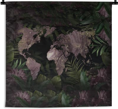Wandkleed - Wereldkaart - Paars - Goud - 120x120 cm - Wandtapijt