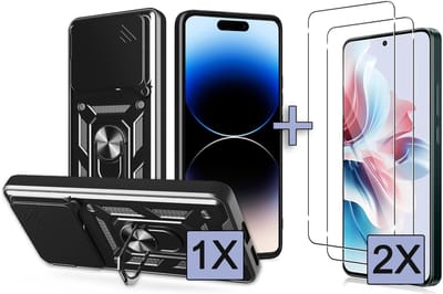 Casemania Hoesje & Glas Geschikt voor Oppo A5 Pro - Zwart - Armor Kickstand Back Cover met Camera Bescherming - 2x Glazen Screenprotector