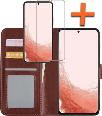 Hoes - Met Screenprotector - Geschikt voor Samsung Galaxy S22 - Luxe Pasjeshouder - Bookcase Portemonee - Flip Case - Kunstleer Book Case - Flipcase - Book Cover - Walletcase - PortemonneeHoes - Bruin