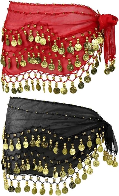 Belly Dance Heupwraps met 128 Gouden Sequins en Munten voor Yoga en Dansoptredens in Zwart en Rood - Set van 2 Stuks