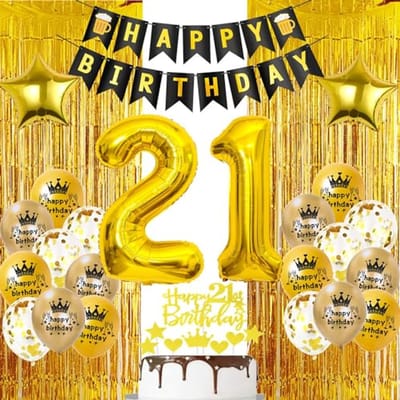 Goud 21e Verjaardag Lametta Gordijn en Ballon Decoratie, Feestgordijnen, Gouden Verjaardagsdecoratie 21 Jaar Man en Vrouw, Gouden Taartdecoratie 21e