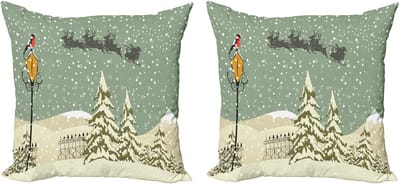 ABAKUHAUS Kerstkussenhoezen, set van 2, Kerstman en rendieren, moderne accenten, dubbelzijdige digitale print, 50x50 cm, beige groen wit
