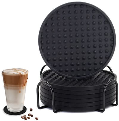 EXCITAT Onderzetters - Onderzetters voor glazen - Onderzetters set - met Houder - Siliconen - Zwart - Set van 6