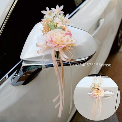 4 STKS Kunstbloem Decoratie Buiten Auto Spiegel Deur Romantisch Bloemen Bruiloft Decor Lint Nepbloem Decoratie Benodigdheden