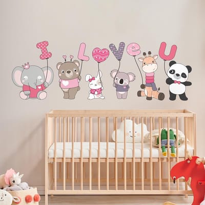 Muurstickers - KIND, DIEREN EN BALLONNEN, IK HOU VAN JOU - Zelfklevende stickers - 165x110cm