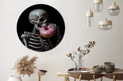 WallCircle - Wandcirkel - Muurcirkel - Skelet - Donut - Eten - Schedel - Roze - Aluminium - Dibond - 140x140 cm - Binnen en Buiten