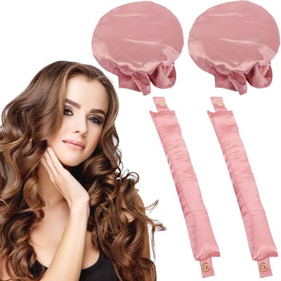 Hitteloze krulspelden set van satijn - 2 stuks met haarnetjes voor lang en medium haar - comfortabel slapen met krullen - roze