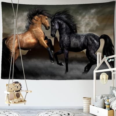 Pentium Paardenprint Wandhanger 3D Digitaal Gedrukt Wandtapijt Woondecoratie Wandkleed Tapijten Hangende Deken Boheemse Decoratie 95x70CM black