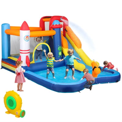 Opblaasbaar Springkasteel met Glijbaan en Zwembad – Inclusief Blower, Klimwand en Waterkanon – Bouncy Castle voor Buiten – Multicolor