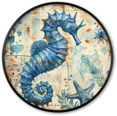 Poster in lijst Rond - Fotolijst 60x60 cm - Posters - Vintage - Zeedieren - Zeepaardje - Watercolor - Blauw - Ronde posterlijst zwart - Decoratie - Wanddecoratie woonkamer - Muurdecoratie slaapkamer