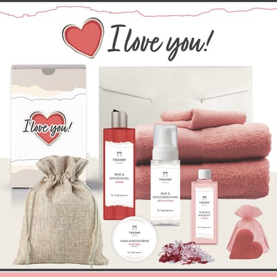 Geschenkset “I Love You!” - 9 producten - 1940 gram - Triomf Cosmetica | Giftset voor haar Cadeau Valentijnsdag Luxe wellness cadeaubox Vrouw Ik hou van jou Cadeaupakket Kerst Geschenk Pakket Verjaardag Gift Set Valentijn Vriendin Roze Rood