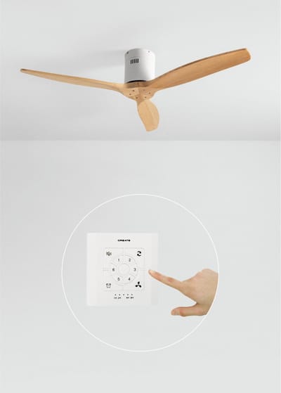 CREATE - Plafondventilator 40W silent 100% hout (Ø132cm) (ruimtes 10m²-25m²) - Wit / Licht hout - Geen licht - Controller voor wandmontage + afstandsbediening - WIND CALM NATURAL WOOD