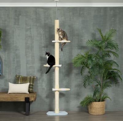 MEUNIQ Krabpaal vloer-tot-plafond 220-260 cm hoogte verstelbaar met sisaltouw, meerdere rustplekken, anti-slip basis en pluche bekleding voor katten, geel