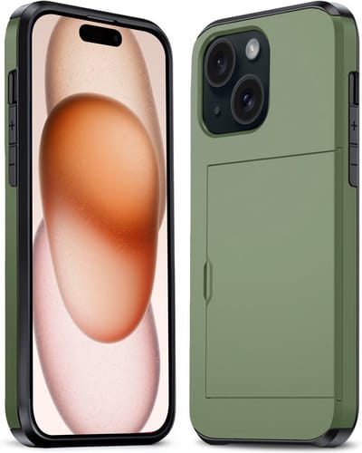 Hoesje Geschikt voor iPhone 15 Hoesje Pasjeshouder Shockproof Hard Case - Hoesje Geschikt voor iPhone 15 Hoes Met Kaarthouder - Donkergroen